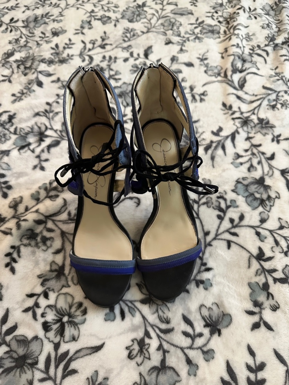 Jessica Simpson Black and Blue Lace-Up Open-Toe Heels